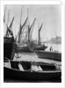 The Thames at low water with various crafts beached on the Southbank and Tower Bridge in the background. by Eagar