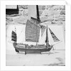 A starboard broadside view of as model of the Antung trader type junk 1938 on a display stand at Liu Kung Tao near Weihaiwei by David Watkin Waters