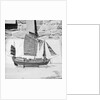 A starboard broadside view of as model of the Antung trader type junk 1938 on a display stand at Liu Kung Tao near Weihaiwei by David Watkin Waters