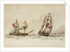 Paddle steamer and warship off a coast by Anonymous