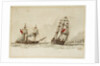 Paddle steamer and warship off a coast by Anonymous