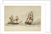 Paddle steamer and warship off a coast by Anonymous