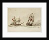 Paddle steamer and warship off a coast by Anonymous