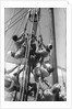 Sailors climbing the halyard blocks by Alan Villiers