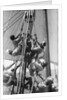 Sailors climbing the halyard blocks by Alan Villiers