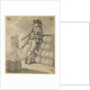 A Marine leaning on a pile of bales, with a seaman carrying kegs in the background by Gabriel Bray
