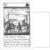 1588 Armada Playing Cards, V of Spades. 'The Prince of Parma coming to Dunkerk with his Army but too late is received by the Spaniards with reproach' by unknown