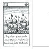 1588 Armada Playing Cards, III of Diamonds. 'The Galleon of Don Pedro taken Prisoner by Sr Francis Drake, and sent to Dartmouth' by unknown