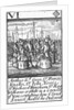 1588 Armada Playing Cards, VI of Diamonds. 'Arthur Ld Grey Sr Francis Knolles, Sr John Norris, Sr Richard Bingham, Sr Rog: Williams & others in a Councell of War, consulting how ye land service should be Ordered' by unknown