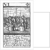 1588 Armada Playing Cards, VI of Diamonds. 'Arthur Ld Grey Sr Francis Knolles, Sr John Norris, Sr Richard Bingham, Sr Rog: Williams & others in a Councell of War, consulting how ye land service should be Ordered' by unknown