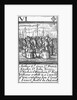1588 Armada Playing Cards, VI of Diamonds. 'Arthur Ld Grey Sr Francis Knolles, Sr John Norris, Sr Richard Bingham, Sr Rog: Williams & others in a Councell of War, consulting how ye land service should be Ordered' by unknown