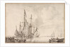 A Dutch flagship becalmed with vessels alongside by Willem Van de Velde the Younger