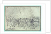 Shipboard scene of men firing canons by unknown