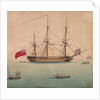 A frigate at anchor by Foreign School