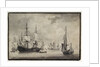 Dutch man-of-war, states yacht and distant shipping in a harbour by Charles Gore