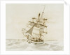 Merchant ship shortening sail in a fresh breeze by British School