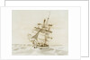 Merchant ship shortening sail in a fresh breeze by British School