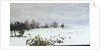 A landscape under snow with a flock of feeding birds in the foreground by William Lionel Wyllie