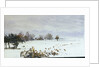 A landscape under snow with a flock of feeding birds in the foreground by William Lionel Wyllie