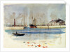 Quay with warehouse, steam vessel and figures, and rowing boat in foreground by William Lionel Wyllie