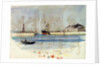 Quay with warehouse, steam vessel and figures, and rowing boat in foreground by William Lionel Wyllie