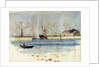 Quay with warehouse, steam vessel and figures, and rowing boat in foreground by William Lionel Wyllie