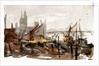 Vessels moored beside a river possibly the Thames, with bridge and large buildings outlined in background by William Lionel Wyllie