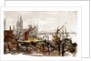Vessels moored beside a river possibly the Thames, with bridge and large buildings outlined in background by William Lionel Wyllie