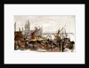 Vessels moored beside a river possibly the Thames, with bridge and large buildings outlined in background by William Lionel Wyllie