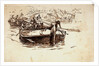 Barges on a river with bridge in the background by William Lionel Wyllie