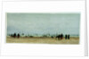 Beach scene with figures, donkey and cart, and small sailing vessels in the sea by William Lionel Wyllie