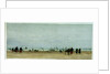 Beach scene with figures, donkey and cart, and small sailing vessels in the sea by William Lionel Wyllie