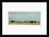 Beach scene with figures, donkey and cart, and small sailing vessels in the sea by William Lionel Wyllie