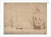A flagship becalmed firing a salute by Willem Van de Velde the Younger