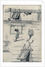 Studies of gun ports and four part block of an East Indiaman and a brig seen from ahead with lower yards cockbilled by Edward William Cooke