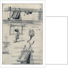 Studies of gun ports and four part block of an East Indiaman and a brig seen from ahead with lower yards cockbilled by Edward William Cooke