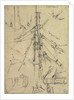 Rigging and other details probably relating to 951; including the main mast head, rudder tackle, anchor and flag by Edward William Cooke