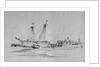 Yarmouth beach looking south with a beach yawl and other small boats drawn up by Edward William Cooke