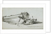 A coble on the beach at Yarmouth, starboard bow, with dan buoys and a fishing line tug by Edward William Cooke