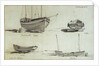 A three masted yawl, a two masted yawl and two views of a coble on Yarmouth beach by Edward William Cooke