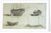A three masted yawl, a two masted yawl and two views of a coble on Yarmouth beach by Edward William Cooke