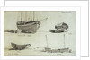 A three masted yawl, a two masted yawl and two views of a coble on Yarmouth beach by Edward William Cooke