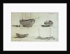 A three masted yawl, a two masted yawl and two views of a coble on Yarmouth beach by Edward William Cooke
