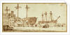 Dockyard scene with barrels and figures in foreground and two large sailing vessels in dock by Henry Moses
