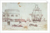 Sketch of a naval vessel the Tweed entering Portsmouth, with figures in rowing boats and on the shore in the foreground, and women hanging out washing, with inscriptions by Henry Moses