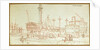 View of a hulk in a dockyard with a bridge stretching across the quayside and figures fishing and standing about by Henry Moses