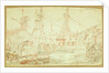 Figures working in a dockyard, a sailing vessel moored, with barrels, an anchor and a capstan in the left foreground by Henry Moses