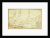 Figures working in a dockyard, a sailing vessel moored, with barrels, an anchor and a capstan in the left foreground by Henry Moses