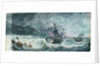 Partly dismasted British man-of-war being driven onto rocks in a storm, with another standing off by D. Tandy