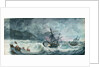 Partly dismasted British man-of-war being driven onto rocks in a storm, with another standing off by D. Tandy
